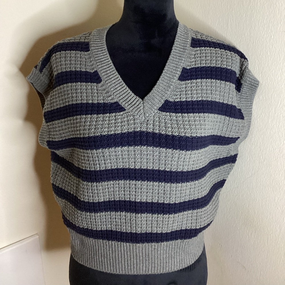 Madewell Gray and Navy Striped V-Neck Sweater Vest